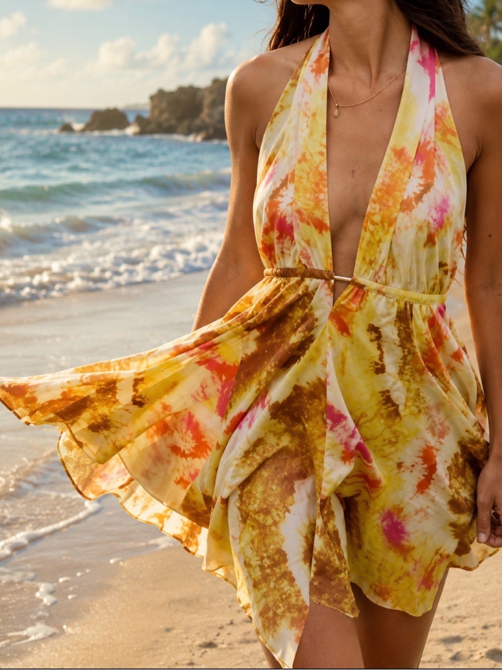 Zara Yellow, Pink & Brown Tie-Dye Halter Mini cotton Dress size XS